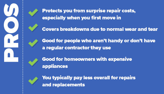 Pros: Protects you from surprise repair costs, especially when you first move in, Covers breakdowns due to normal wear and tear, Good for people who aren't handy or don't have a regular contractor they use, Good for homeowners with expensive appliances, and You typically pay less overall for repairs and replacements.